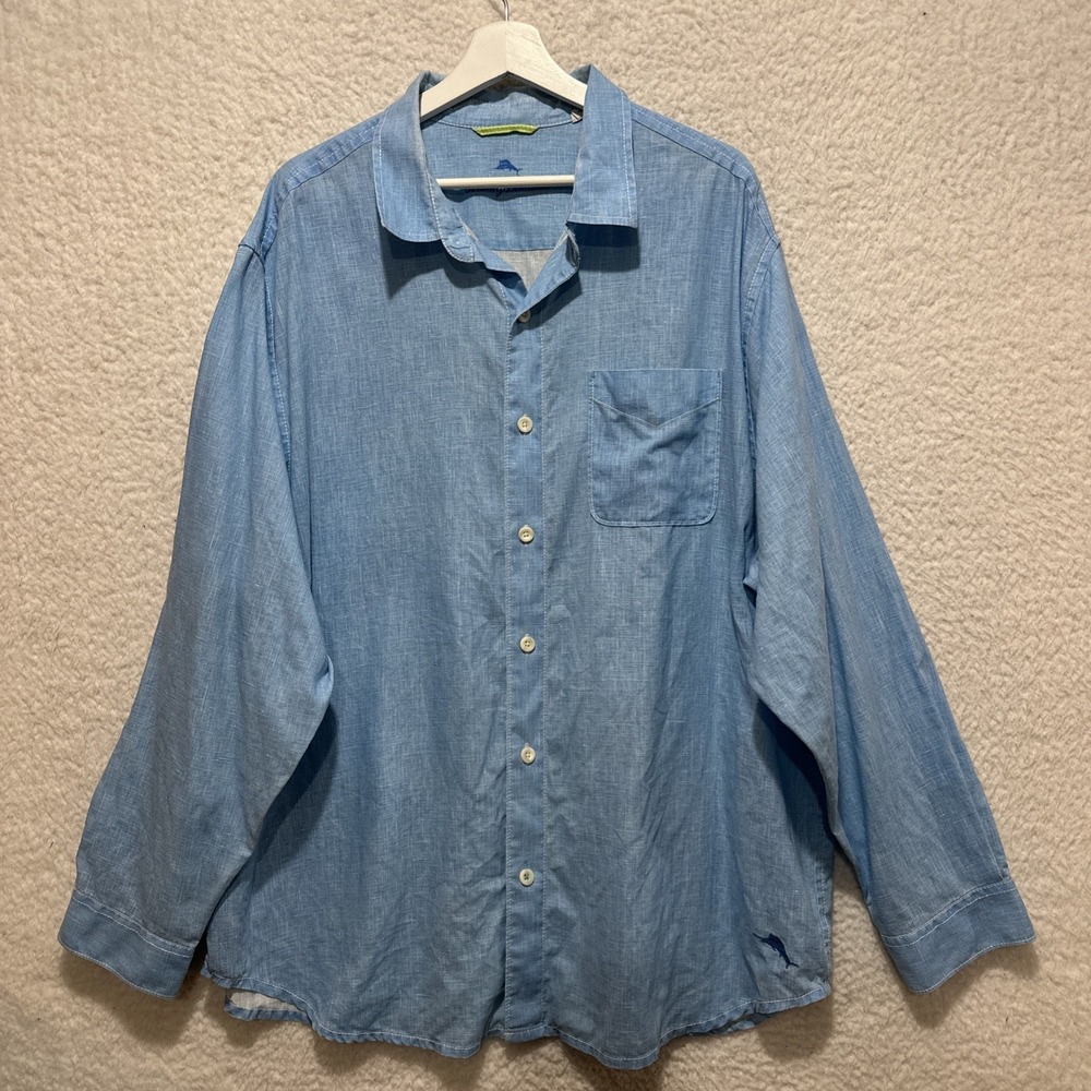 Tommy Bahama Men's Long Sleeve‎ Button Down Shirt Size 1XL Light Blue 100% Linen
